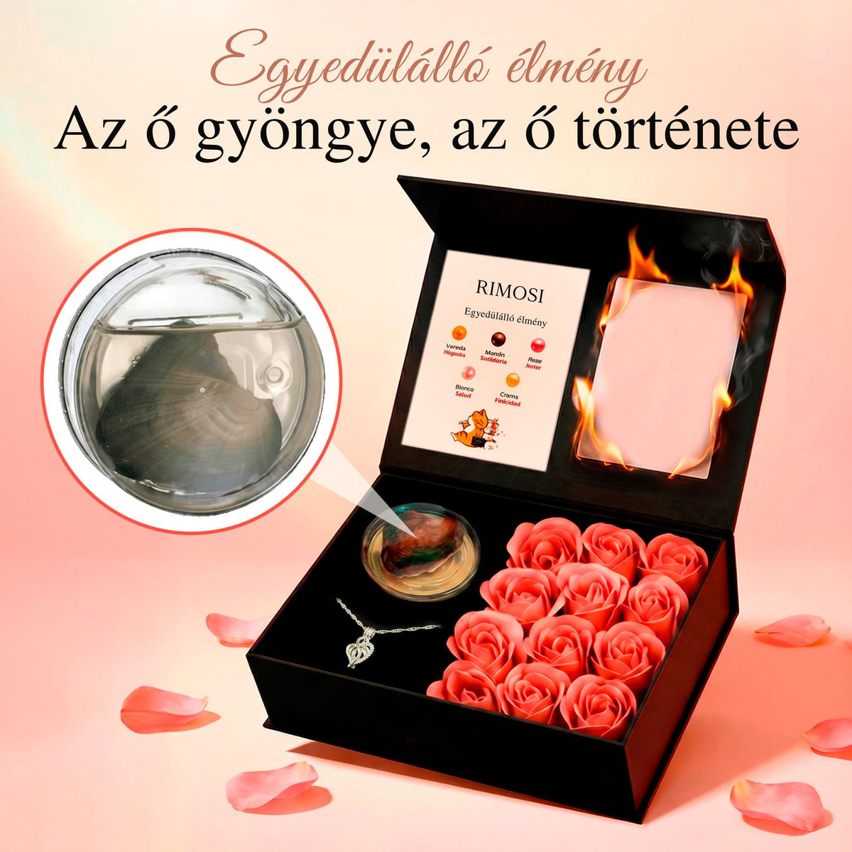 Igazgyöngy nyaklánc kagylónyitó ajándék szett díszdobozban